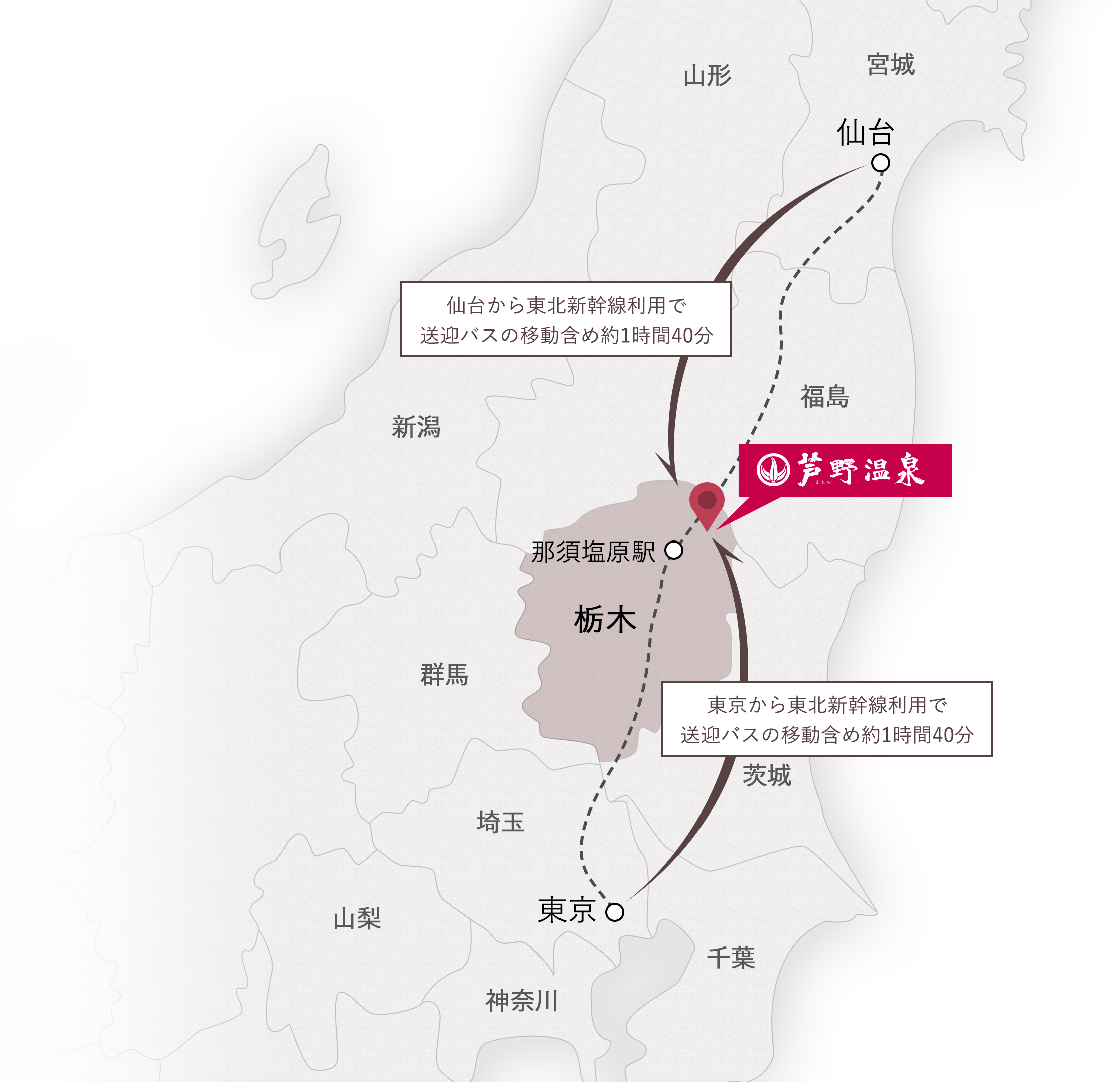 広域地図｜東京から東北新幹線利用で送迎バスの移動含め約1時間40分｜仙台から東北新幹線利用で送迎バスの移動含め約1時間40分